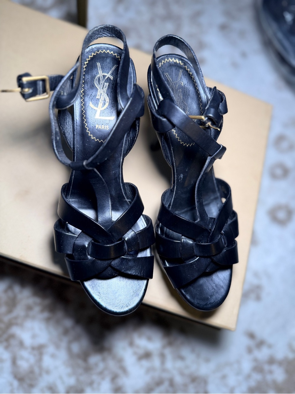 Saint Laurent Black Woven Leather Heel Sandals